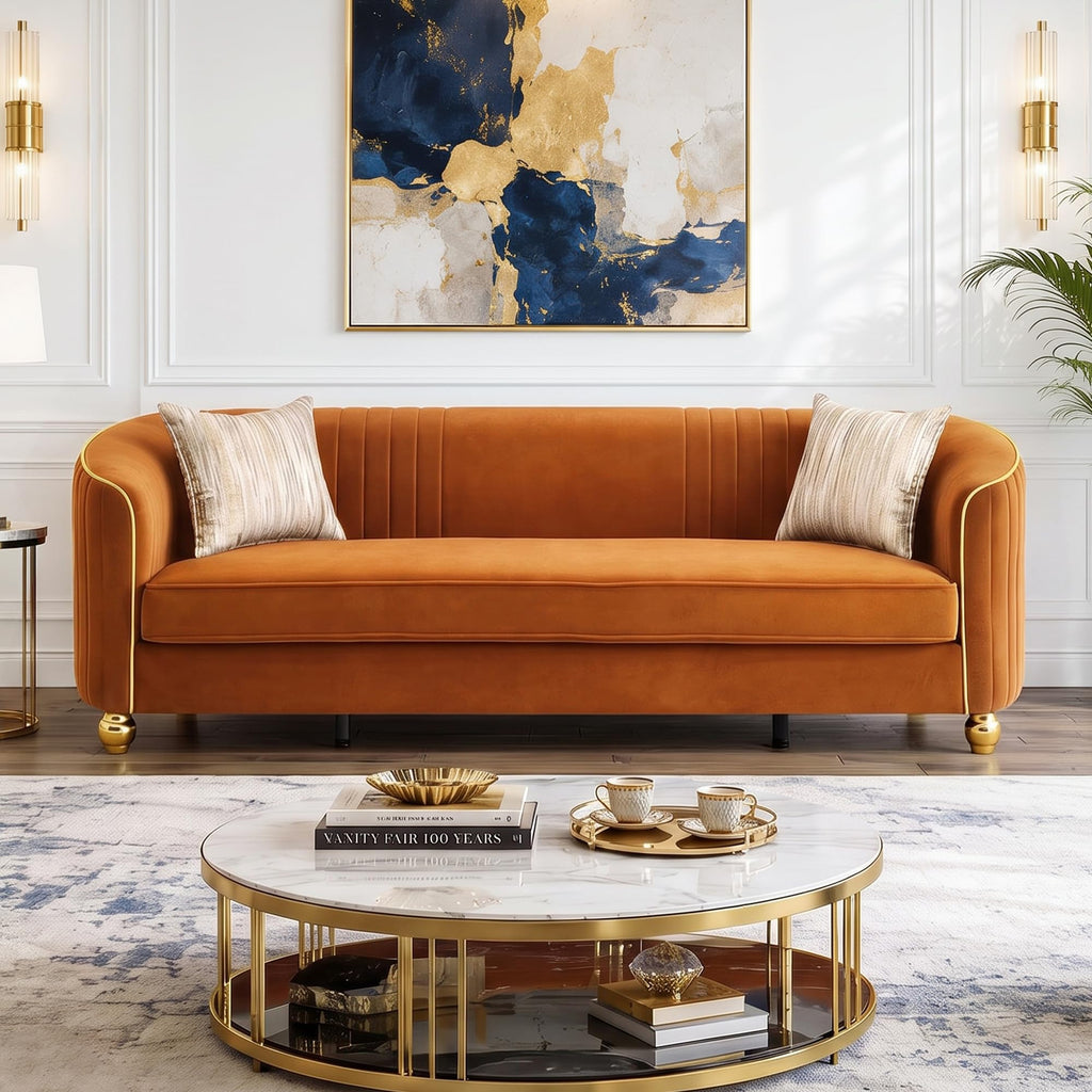 Velvet Modern Sofa Couch 3-Seater Deep Seat Sofa, Orange Q407
