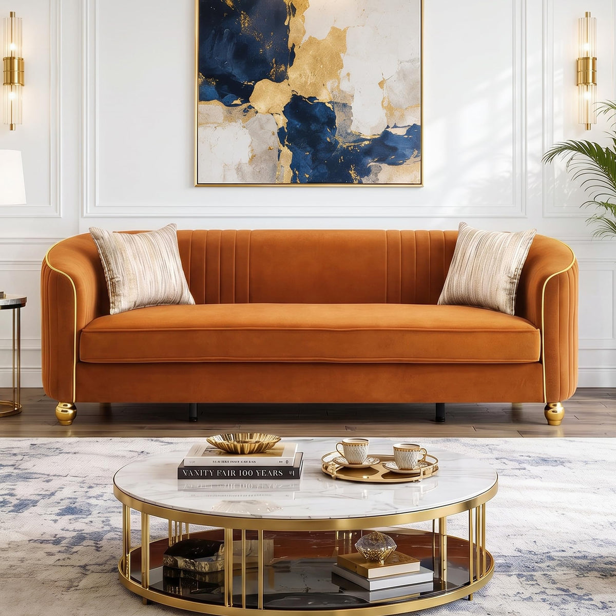 Velvet Modern Sofa Couch 3-Seater Deep Seat Sofa, Orange Q407