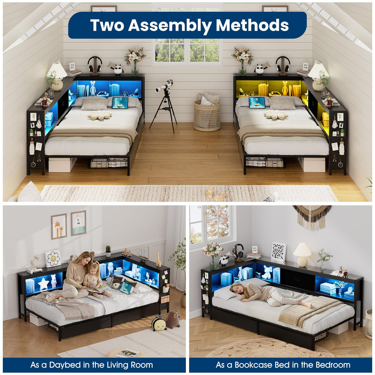 Twin Size Metal Corner Bed Frame with Storage Bookcase Headboard C3582