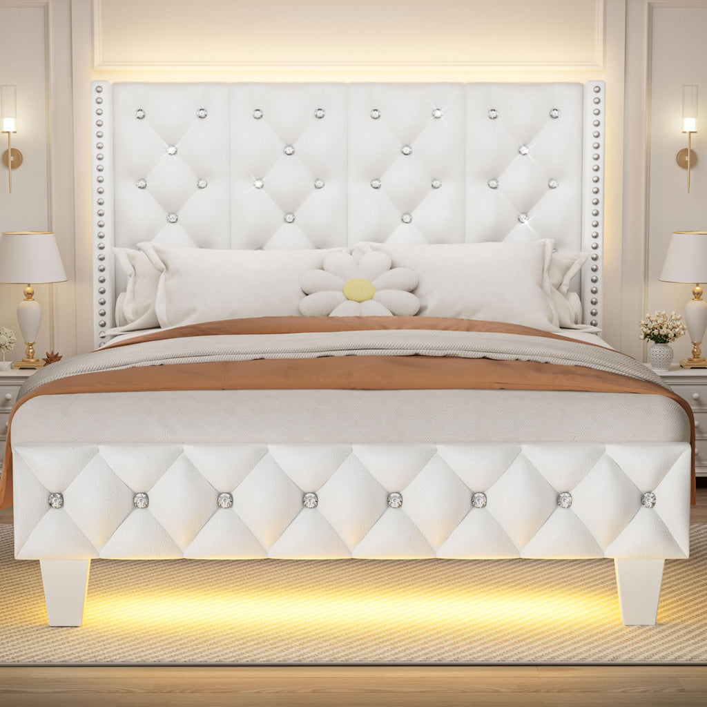 White Upholstered Full Size Bed Frame with Headboard E60685