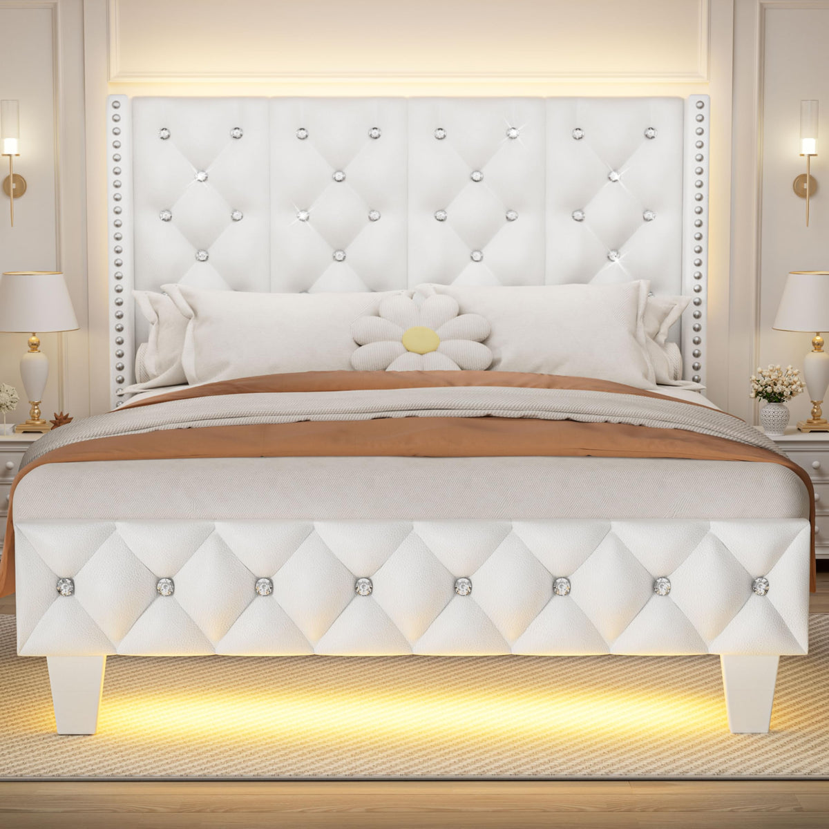 White Upholstered Full Size Bed Frame with Headboard E60685