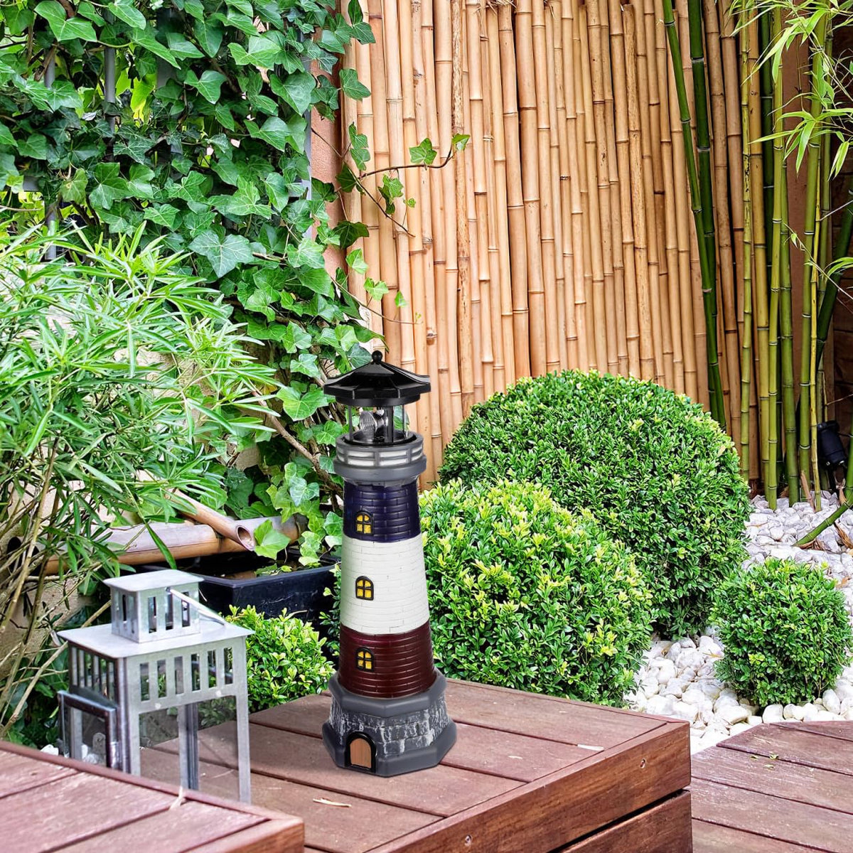 Solar Lighthouse Statue, Resin Waterproof, Black, 4.72 X 4.72 X 14.76 Inches P272