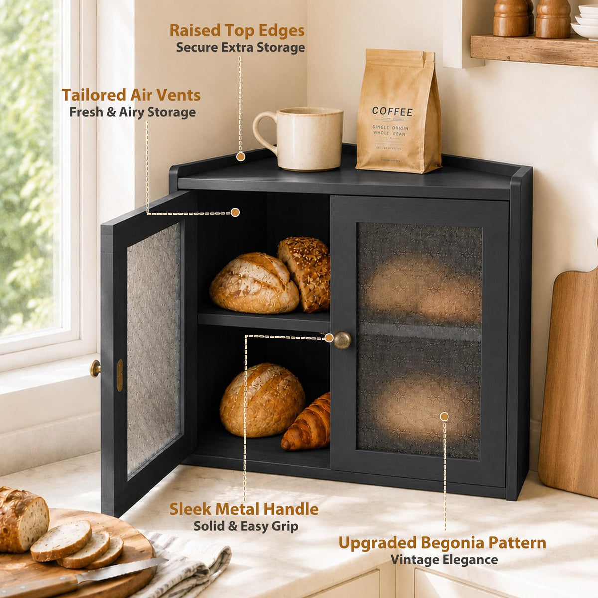 Black 2-Tier Wooden Corner Bread Box R2874