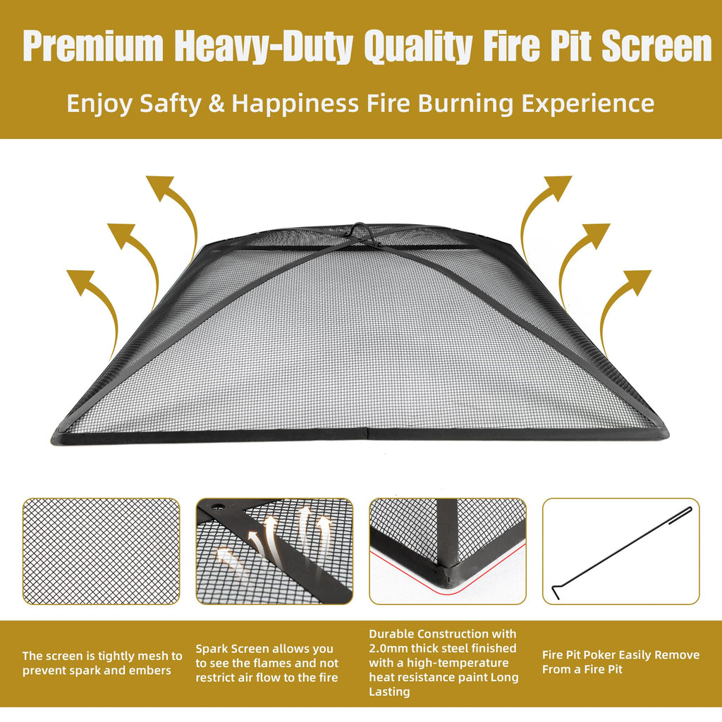 32In Square Heavy Duty Fire Pit Screen Cover with Handle and Poker Black D3609