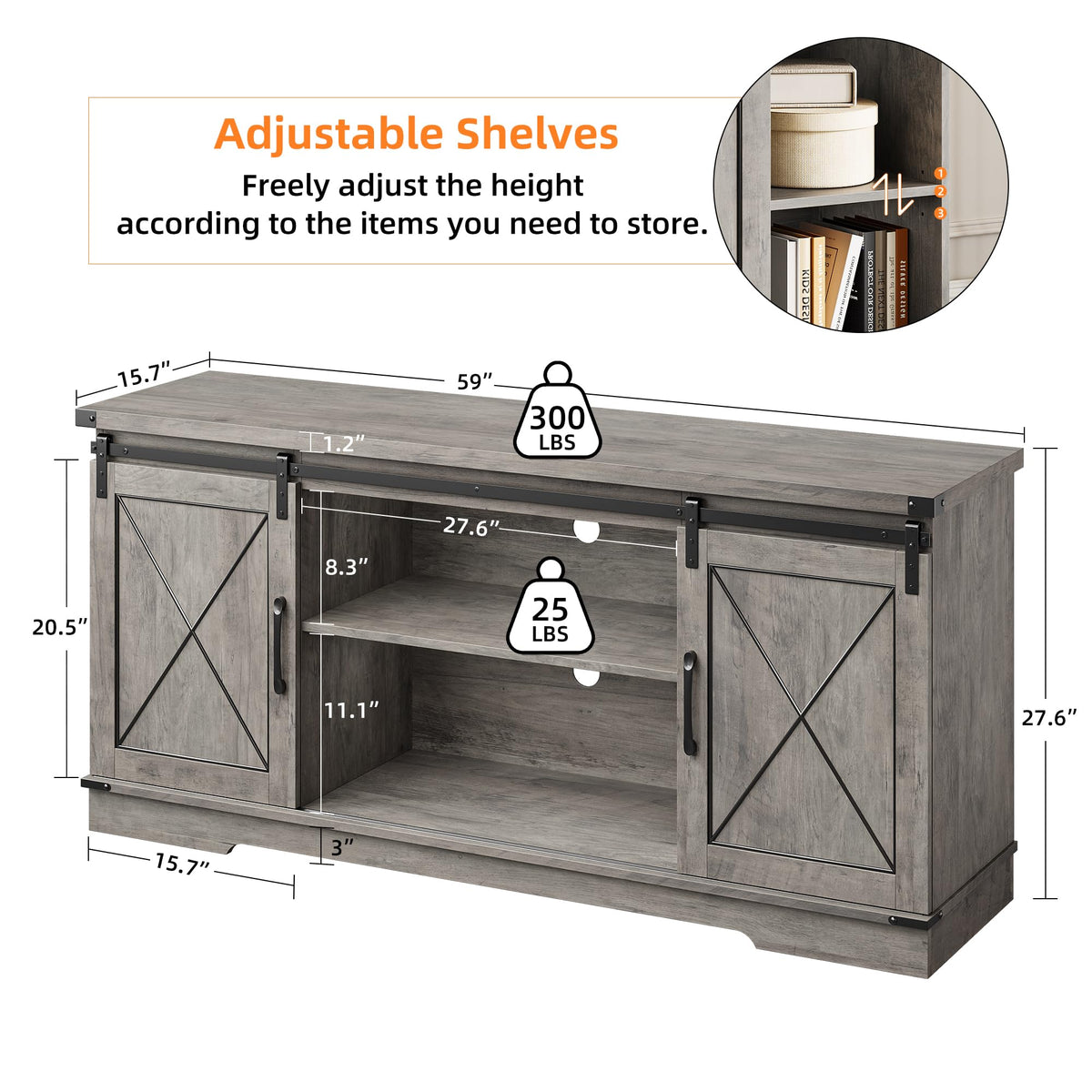 Farmhouse TV Stand 65+ inch with Sliding Barn Doors and Storage Cabinets L404