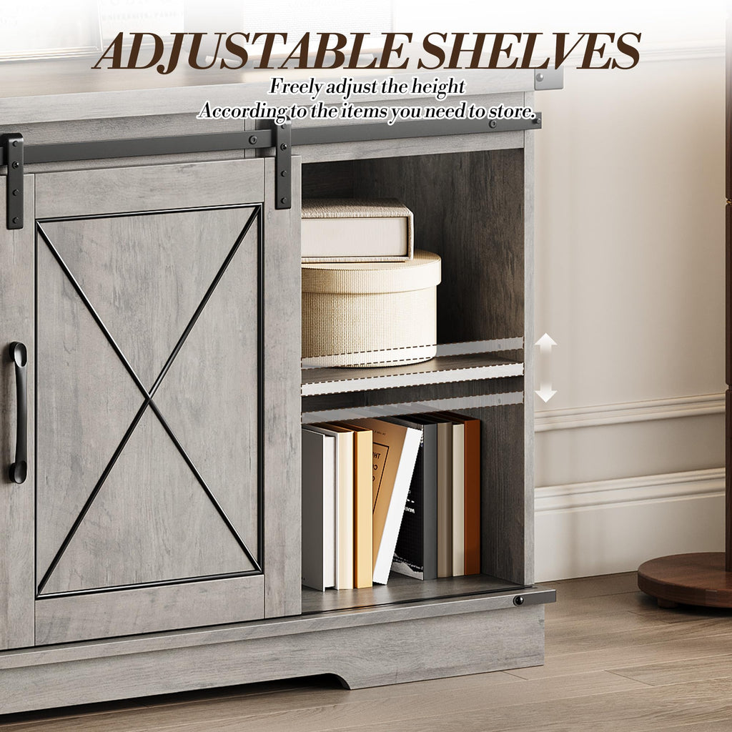 Farmhouse TV Stand 65+ inch with Sliding Barn Doors and Storage Cabinets L404