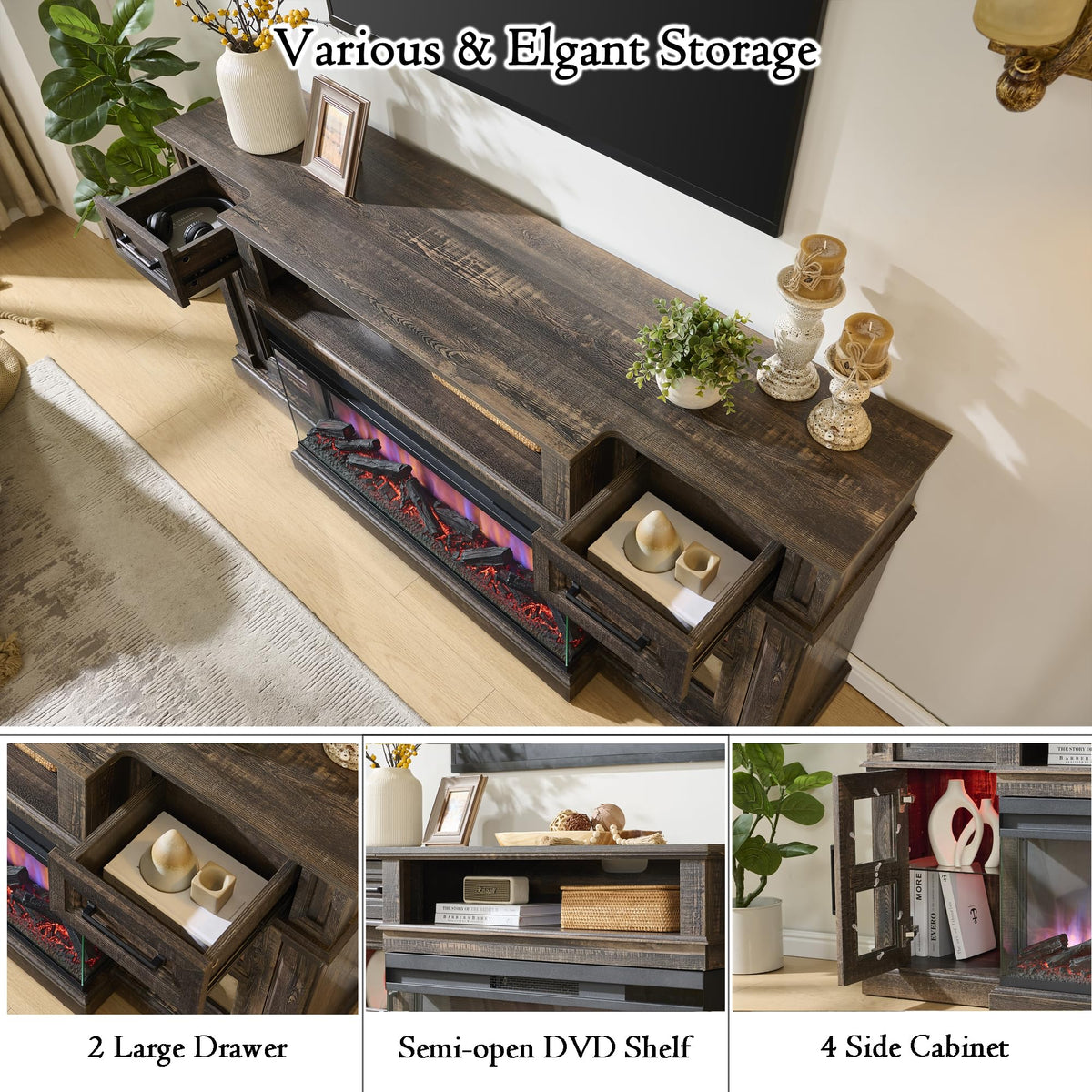 Dark Rustic Oak Fireplace TV Stand with 36 Inch Electric Fireplace O893