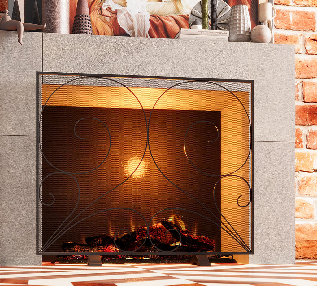 Black Single Panel Wrought Iron Fireplace Screen Z3999