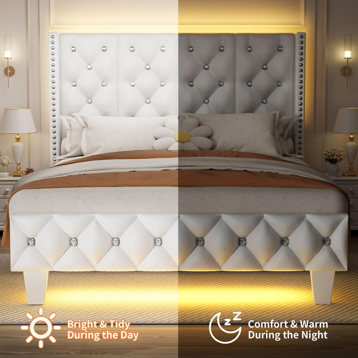 White Upholstered Full Size Bed Frame with Headboard E60685