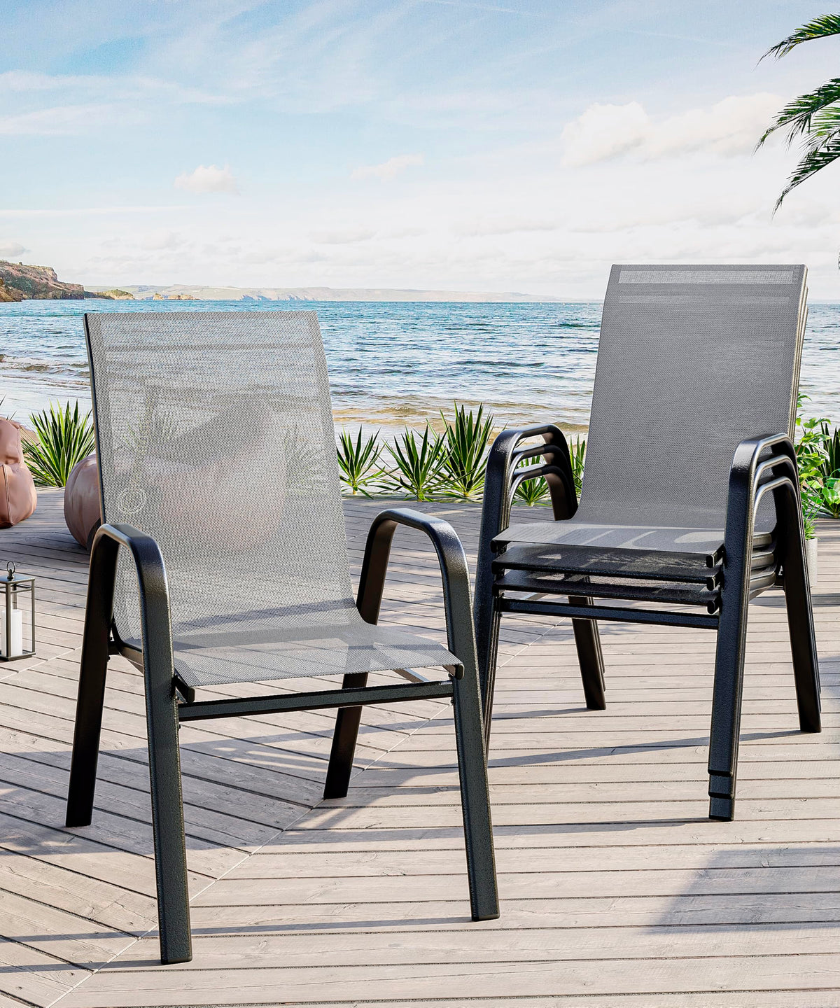 Stackable Outdoor Dining Chairs Set of 4 Textilene Fabric Metal Frame Grey F564
