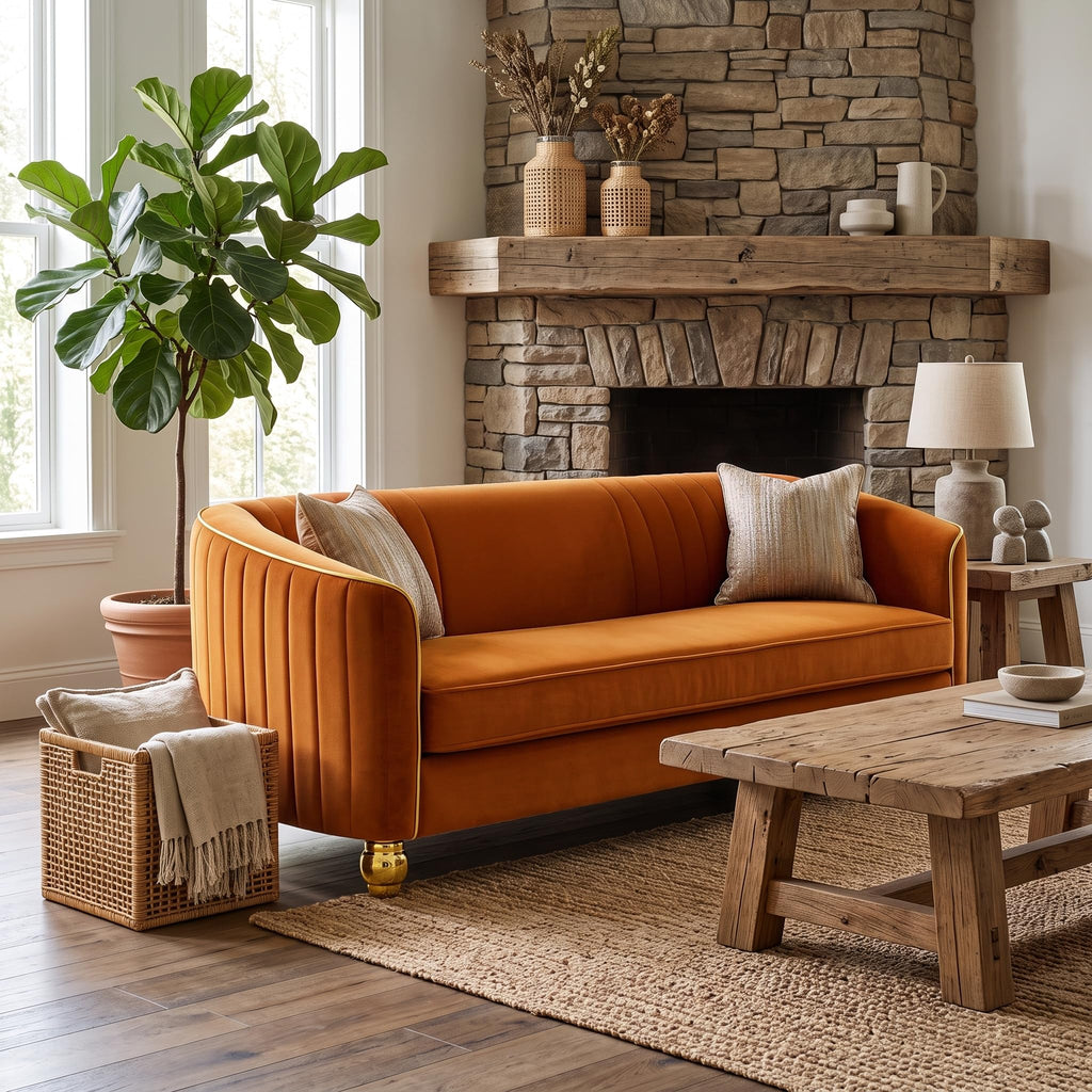 Velvet Modern Sofa Couch 3-Seater Deep Seat Sofa, Orange Q407