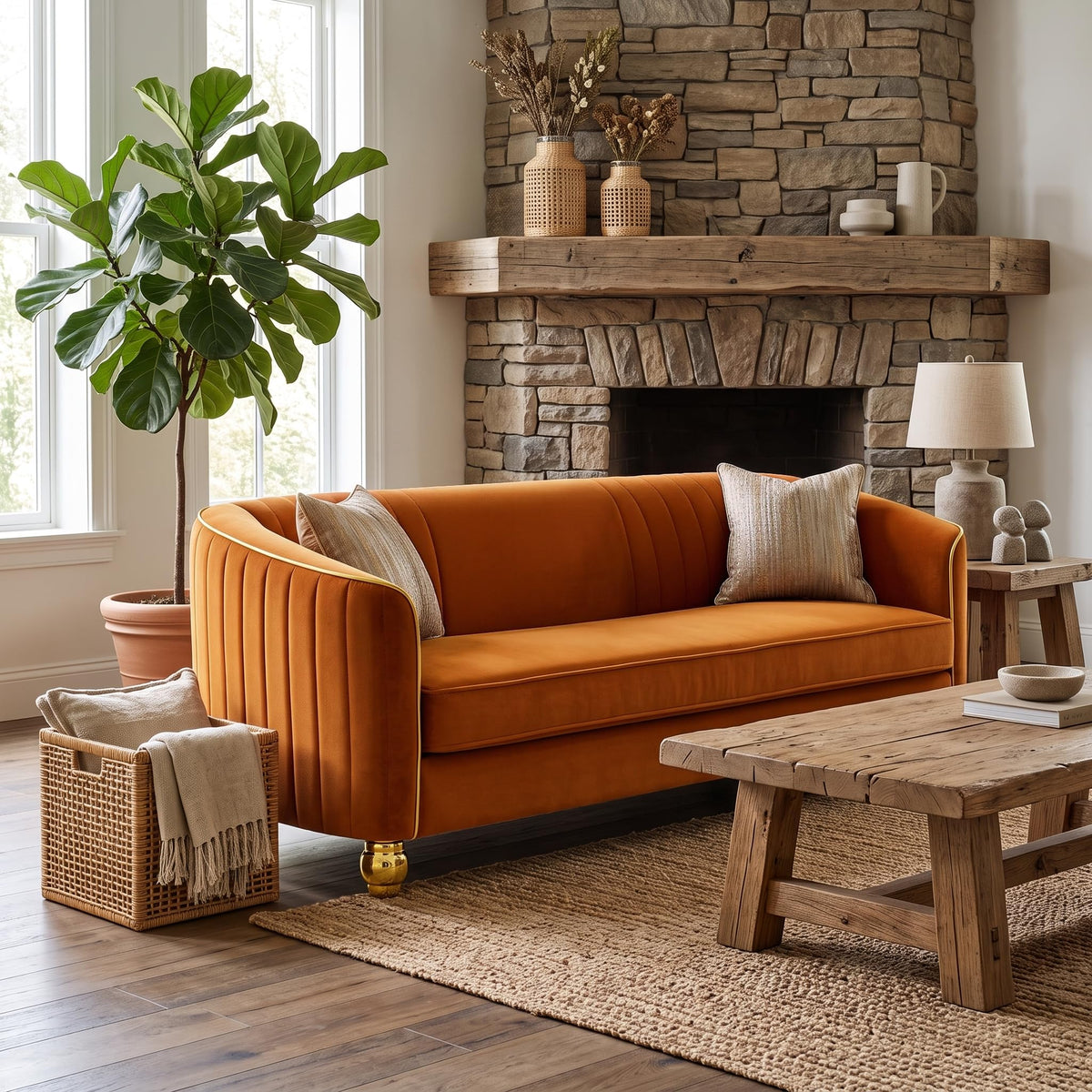 Velvet Modern Sofa Couch 3-Seater Deep Seat Sofa, Orange Q407