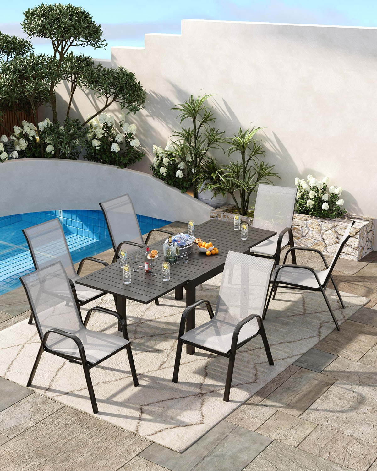 Stackable Outdoor Dining Chairs Set of 4 Textilene Fabric Metal Frame Grey F564