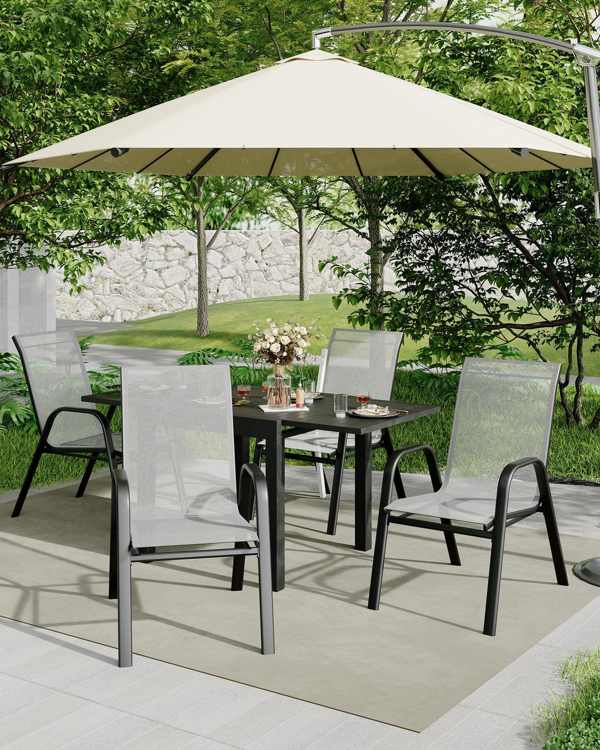 Stackable Outdoor Dining Chairs Set of 4 Textilene Fabric Metal Frame Grey F564