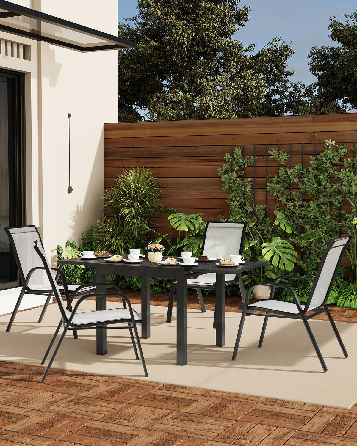 Stackable Outdoor Dining Chairs Set of 4 Textilene Fabric Metal Frame Grey F564