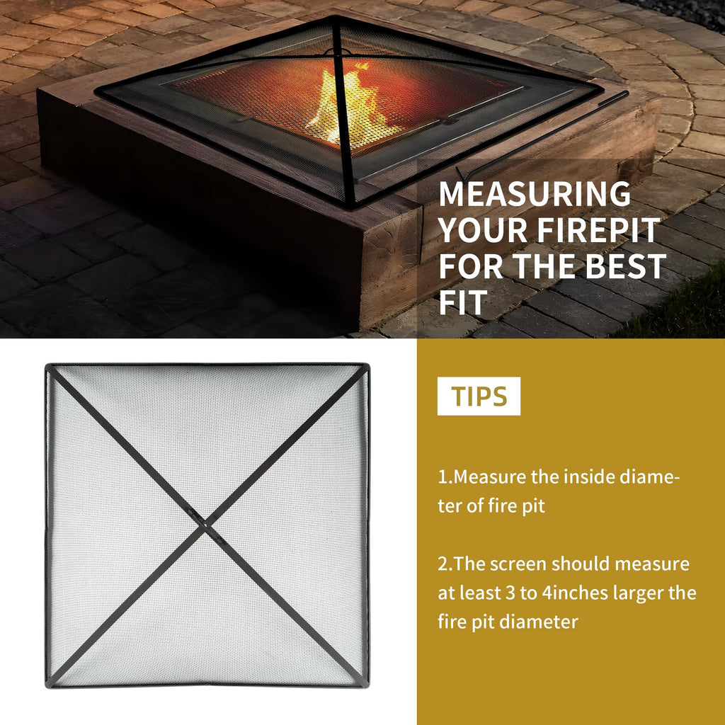 32In Square Heavy Duty Fire Pit Screen Cover with Handle and Poker Black D3609