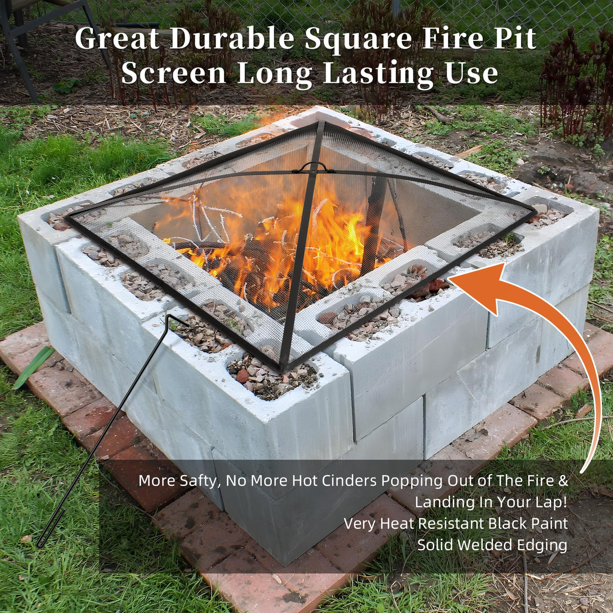 32In Square Heavy Duty Fire Pit Screen Cover with Handle and Poker Black D3609