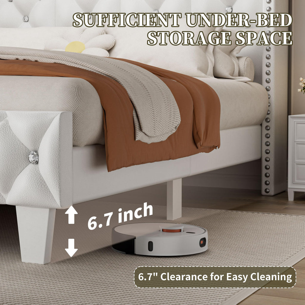 White Upholstered Full Size Bed Frame with Headboard E60685