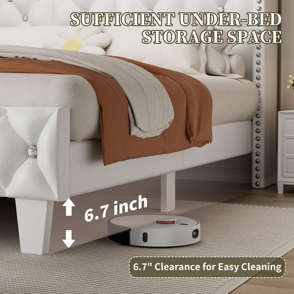 White Upholstered Full Size Bed Frame with Headboard E60685